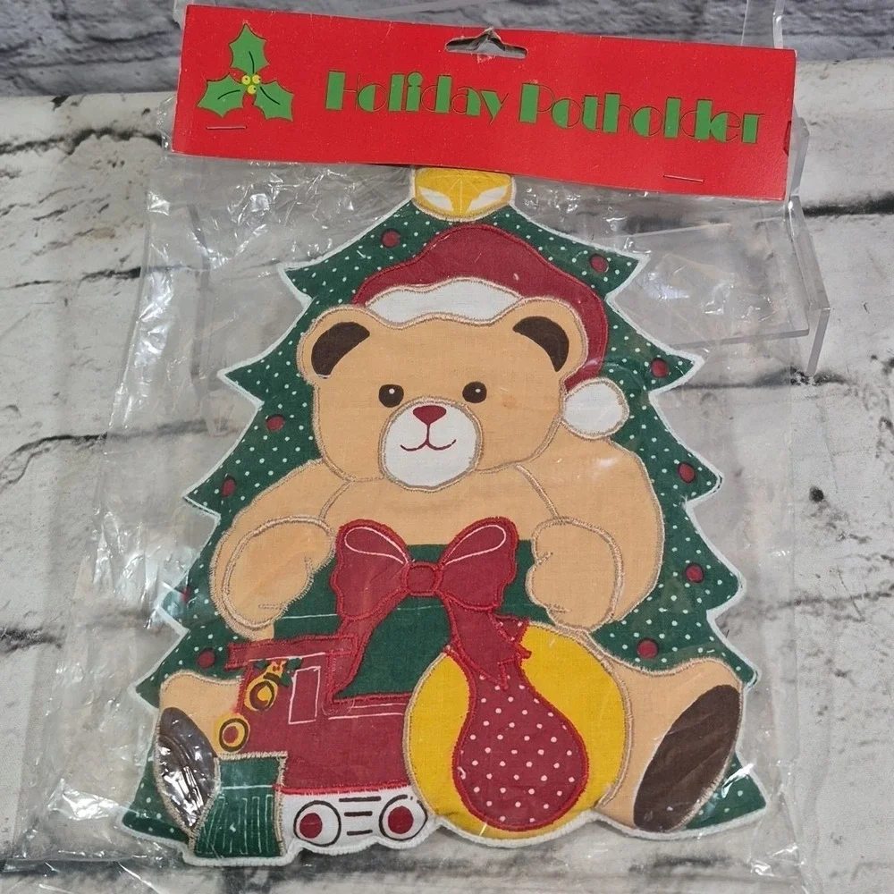 Vintage 70s Holiday Potholders Lot 2 Santa Teddy Bear Cotton Christmas Decor New